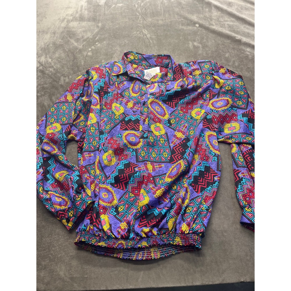 Vintage Da-Rue‎ of California Geometric Print Blouse Purple Pink Yellow Size 16